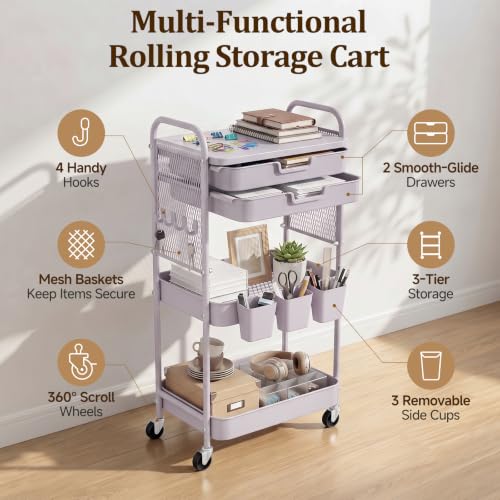 3 Tier Rolling Cart with 2 Drawers, Metal Utility Storage Carts with Wheels | Kitchen Rolling Cart 4.5" Deep Basket, Mesh Side Panel with 3 Cups, 4 Hooks for Office, Bedside, Craft Storage Cart - color: Dray Purple