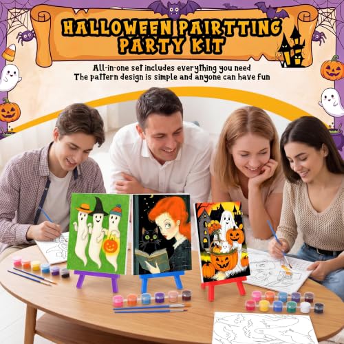 Blosssound 10 Set Halloween Pre Printed Canvas for Painting 5x7, Vintage | Sip and Paint Kit, Halloween Pre Drawn Outline Canvas with Wood Easels, Acrylic Paints, Beginner Friendly DIY Project - style: Vintage Halloween