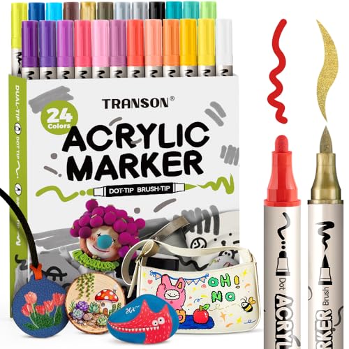 TRANSON 24 Colors Bold and Brush Dual-tip Acrylic Paint Marker Pen for Canvas Rock Wood Leather Ceramic DIY Painting - color: 24 Colors