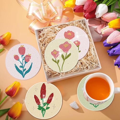 DOTSOPS 8 Pcs Flowers Diamond Art Coasters for Adults with Holder 4 in - color: Flowers-A