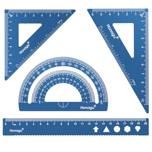 Honagu Triangular Ruler Set, 4 Pieces Aluminum Alloy Ruler, Metal Drafting Ruler, Geometric Protractor for Students, Draftsmen, Engineers, Home School Office Supplies (20cm/7.87inches, Blue) - color: Blue, size: 20cm