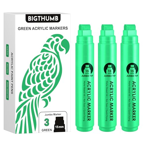 BIGTHUMB 3 Pcs Green Jumbo Permanent Markers: 15mm Wide Tip Thick Acrylic Paint Pen Large Calligraphy Marker for Rock Painting, Poster, Sign, Canvas, Glass, Wood, Ceramic - color: Green