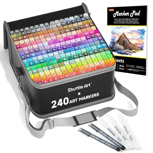 Shuttle Art 240 Colors Alcohol Markers, 239 Colors Dual Tip Art Marker Set Plus Colorless Blender, Micro-tip Pens, White Highlighter Pens, Marker Bag with Holders Perfect for Students Adults Coloring - color: 240 Colors