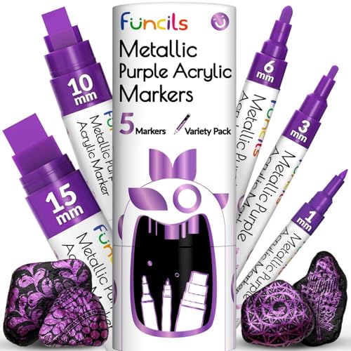 5 Metallic Acrylic Purple Paint Pen Marker for Fabric, Wood Canvas | Extra Fine Tip, Thin & Jumbo (1mm, 3mm, 6mm, 10mm, 15mm) - Markers for Metal, Plastic, Rock Painting, Glass, Permanent Marker - color: Metallic Purple