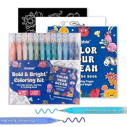 Grabie Acrylic Gel Pens Coloring Kit with Book, Pack of 12 Ocean Colors - color: Ocean Colors