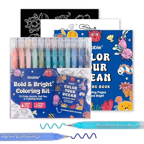 Grabie Acrylic Gel Pens Coloring Kit with Book, Pack of 12 Ocean Colors | 1.0mm Medium Tip Gel Pens, Great for Adult Coloring & Journaling, Smooth Colors for Creative Art, Gift Set for Art Lovers - color: Ocean Colors