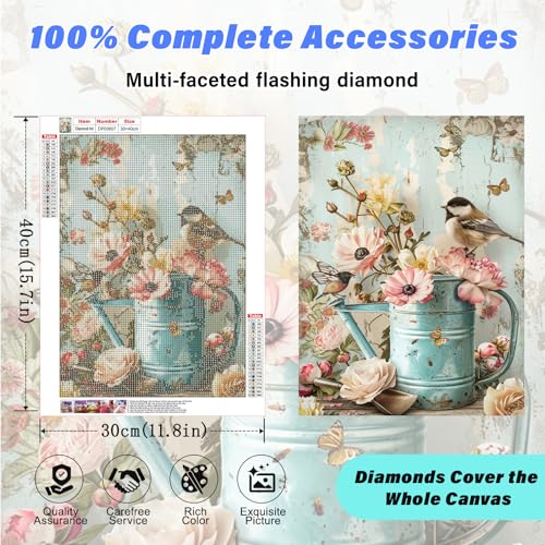 Retro Pastoral Diamond Art Kits for Adults,Bird&Flowers Diamond Painting | Diamond Art Kit for Beginners, 5D DIY Full Drill Diamond Painting Gem Art, Home Wall Art Gifts(12x16 inch) - color: DP03657
