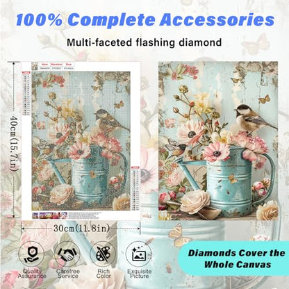 Retro Pastoral Diamond Art Kits for Adults,Bird&Flowers Diamond Painting | Diamond Art Kit for Beginners, 5D DIY Full Drill Diamond Painting Gem Art, Home Wall Art Gifts(12x16 inch) - color: DP03657