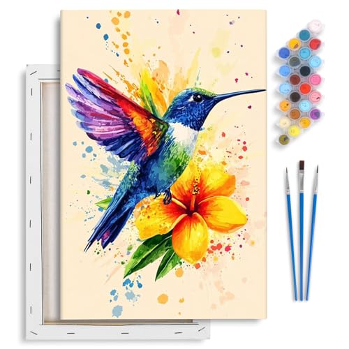 Framed Paint by Numbers Kit for Adults Beginner & Kids Ages 8-12, Hummingbird Paint by Numbers With Frame, DIY Watercolor Number Painting for Adults Hummingbird for Home Wall Decor Gift 8x 12 inch | For Adults Beginner & Kids Ages 8-12, With Frame Canvas