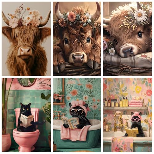 6 Pack 5D Highland Cow Black Cat Diamond Painting Kits 9.8x13.7 Inch - color: KM964+KM965+KM966+KM967+KM968+KM969-1