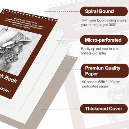 TKOOFN 5 Pack 8.5" x 11" SketchBooks Bulk,Top Spiral Bound Sketchbook | 60 Sheet Each,600 Sheets total,68lb/100gsm thick,Acid-Free,Sketch Drawing Paper Pad for Adult Kids Artists Beginners - color: 5 Pack, size: 8.5" x 11"