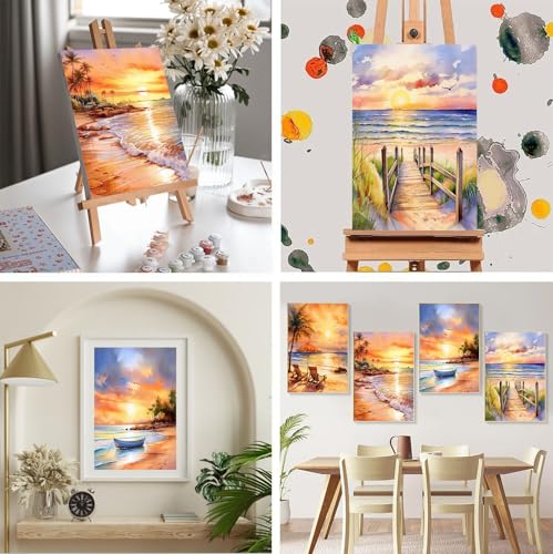 4 Pack Framed Paint by Numbers Kit for Adults Beginners, Beach 8x12 inch - color: BKH1382+BKH1383+BKH1384+BKH1385-US