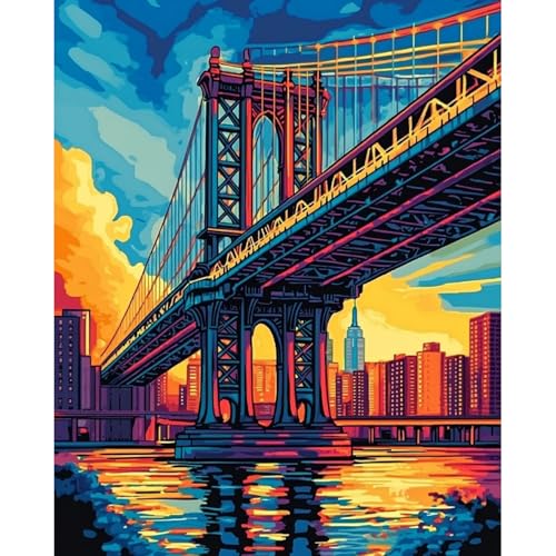 Manhattan Bridge Paint by Numbers Kit for Adults Beginner Sunset Oil Painting Kit Adult Paint by Number Kits on Canvas DIY Painting for Beginners Art by Numbers for Gifts Home Wall Decor 16x20 Inch﻿ - color: YF022