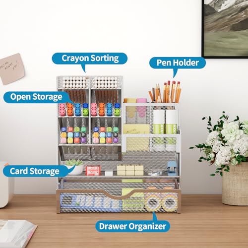 Marbrasse Mesh Pen Holder for Desk, Pen Organizer with Drawer, Multi-Functional Pencil Organizer, Desk Organizers and Accessories for Office Art Supplies (Silver) - color: Silver