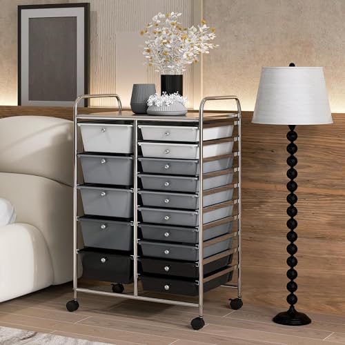 15 Drawer Rolling Storage Cart, Rolling Cart with Drawers for Classroom, Art Supply Craft Organizer on Wheel with Metal Frame & Handles for Home Office School - color: Gradient Gray, size: 15 Drawer