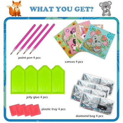 Labeol Diamond Art Kits for Kids Crafts for Girls Ages 6-8-10-12 Easy to DIY Creative Diamond Art Sticker Craft by Numbers Kits for Kids and Adult Beginners (4 Pack Cute Animal) - style: 4 pack cute animal