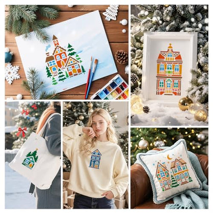 6Pcs Christmas House Stencils for Painting, Reusable Pine Tree Stencil Drawing Templates, House DIY Craft Paint Templates for Wall Home Decor Wood Burning Canvas Fabric Window - style: Christmas House
