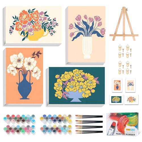 4 Pack Paint by Numbers Kit for Adults with Frame, Flowers & Floral Vase | DIY Acrylic Painting Kit with Wooden Easel, Framed Paint by Number for Beginners, Home Wall Decor & Gift, 8 x 12 Inch - color: OP4FUS2510-03