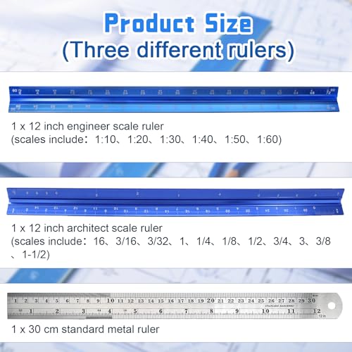 Biaungdo 3 Pack Architect Engineer Scale Ruler 12 Inch Blue for Drafting | Laser-Etched Precision Markings, Dual Imperial Metric Scales, Includes Metal Ruler, For Architects Engineers Students