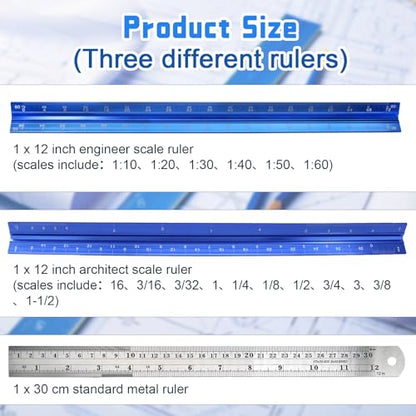 Biaungdo 3 Pack Architect Engineer Scale Ruler 12 Inch Blue for Drafting | Laser-Etched Precision Markings, Dual Imperial Metric Scales, Includes Metal Ruler, For Architects Engineers Students