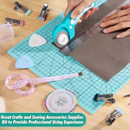 Rotary Cutting Mat and Tools Set, Audab 45mm Fabric Cropping Cutter Wheel with A3 Self Healing Sewing Mat, Blades, Quilting Ruler and Clips, Crafts Knife for Shirt Cloth Patchworking Scrapbooking