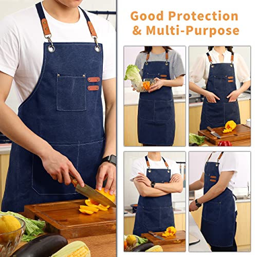 Tosewever Canvas Cross Back Chef Cotton Aprons for Men Women with Large Pockets - color: Blue