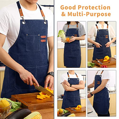 Tosewever Canvas Cross Back Chef Cotton Aprons for Men Women with Large Pockets - color: Blue