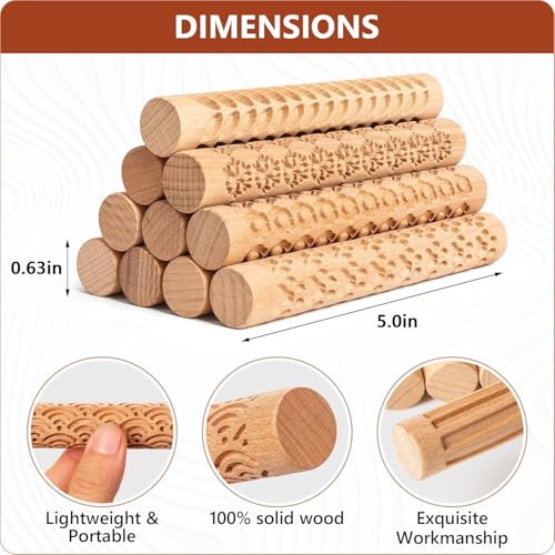 Clay Texture Rollers - 10 Wooden Pottery Stamp Rollers For Ceramics - color: Regular