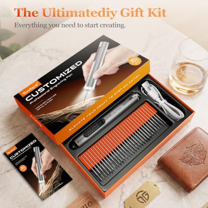 Engraving Pen with LED Light,HollowCup Motor,Cordless USB Rechargeable Rotary Tool for Metal,Wood,Glass and Plastic,DIY Engraving Kit with 30 Bits,Silver