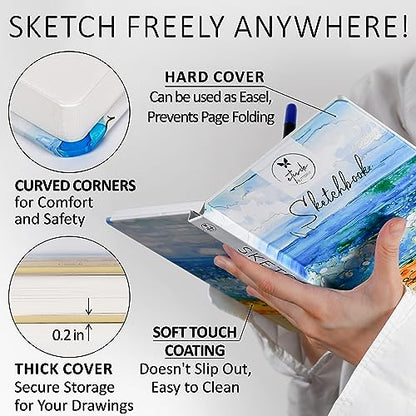 Mixed Media Sketch Book Hardcover 60 Pages Thick 400 GSM / 180 lb Acid Free Paper Lay Flat Bound for Drawing Painting 6,14“ x 8,25“ for Kids and Adults Beginners and Professionals Eco Friendly