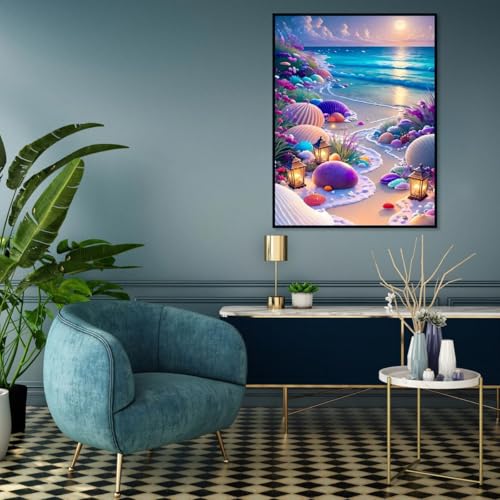 MOMDEDP Beach Diamond Painting Kits for Adults, 5D Seashell Diamond Art Kits for Beginners, DIY Full Round Drill Seashell Paint by Diamonds, DIY 5D Gem Art Sun Perfect for Relax 12 x 16 Inch Sunshine