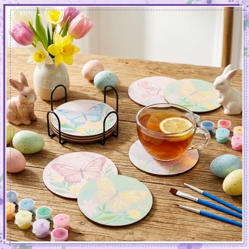 Reallnaive 8 Pcs Butterfly Flower Paint by Numbers Kit Coaster for Adults | Mini Paint by Numbers, Tiny Floral Round Oil Painting Drink Coaster with Holder, for Small DIY Craft Birthday Gift - style: Butterfly Flowers