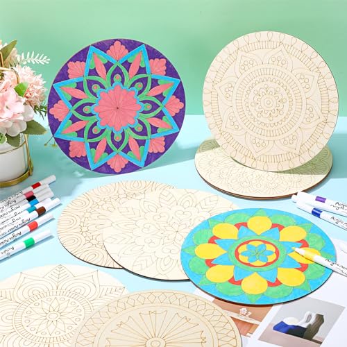 Vercraft 22 Pcs Wooden Mandala Painting Set 10 Mandala Unfinished Wood Cutouts with 12 Markers for Crafts Diwali Craft Wood Slices for Adults Painting DIY Tags Wedding Home Decors(Vintage Style) - color: Vintage Style