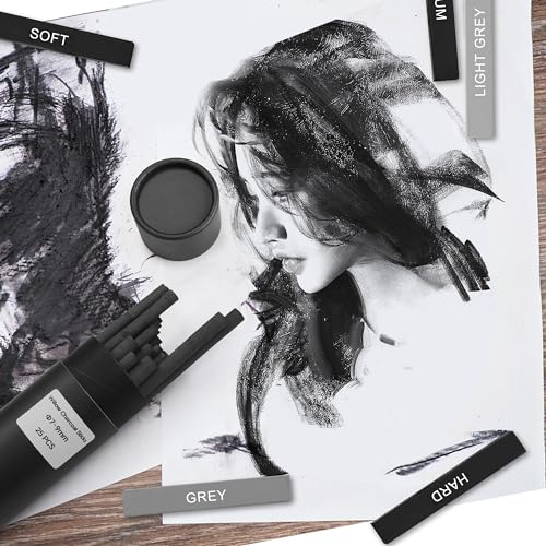 24 Pcs Compressed Charcoal Sticks with Soft, Medium, Hard and White Charcoal, Square Vine Charcoal Stick Kit for Drawing, Sketching and Shading, Art Supplies for Artists Beginners
