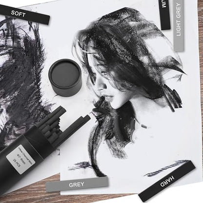 24 Pcs Compressed Charcoal Sticks with Soft, Medium, Hard and White Charcoal, Square Vine Charcoal Stick Kit for Drawing, Sketching and Shading, Art Supplies for Artists Beginners