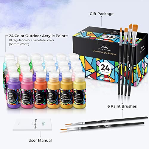 Ohuhu 24 Colors Outdoor Acrylic Paint Set, 2 oz./60ml Bottles for Artist | Beginners 18 Basic& 6 Metallic Acrylic Paints with 6 Brushes for Drawing, Waterproof Rich Pigments on Garden Statues, Woods