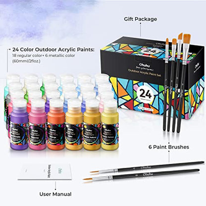 Ohuhu 24 Colors Outdoor Acrylic Paint Set, 2 oz./60ml Bottles for Artist | Beginners 18 Basic& 6 Metallic Acrylic Paints with 6 Brushes for Drawing, Waterproof Rich Pigments on Garden Statues, Woods