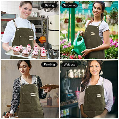 Hongsome Cotton Canvas Cross Back Apron for Art Painting Garden Chef Bartender Work,Women Men 3 Pockets Waterproof M-XXL - color: Green