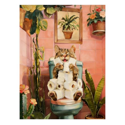 Diamond Art Kits for Adults Diamond Art Painting Kit Cat Birthday Funny Gifts for Women Her Gem Art Round Drill DIY 5D Diamond Painting Adult Craft Kits Home Bathroom Wall Cat Decor 12x16inch - color: Bathroom Cat