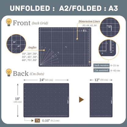 iMAT Flip Cutting Mat Note A1 Foldable Double-Sided Navy Blue | Inch grid front with cm dot back for dual-unit measuring. Large 24" x 36" workspace, ideal for crafts, sewing, and DIY - color: Navy Blue