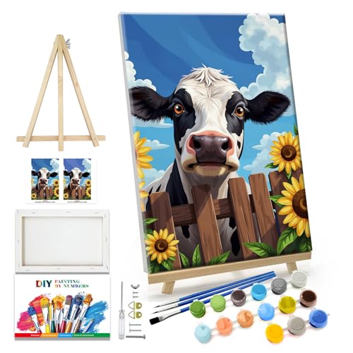 JOOZ 5D Cow Paint by Numbers Kit for Adults with Frame 8x12 Inch | DIY Sunflower Paint by Number with Easel, Adult Paint by Number Kits Framed Canvas, Oil Painting Kits, Home Wall Decor - color: Cow 073