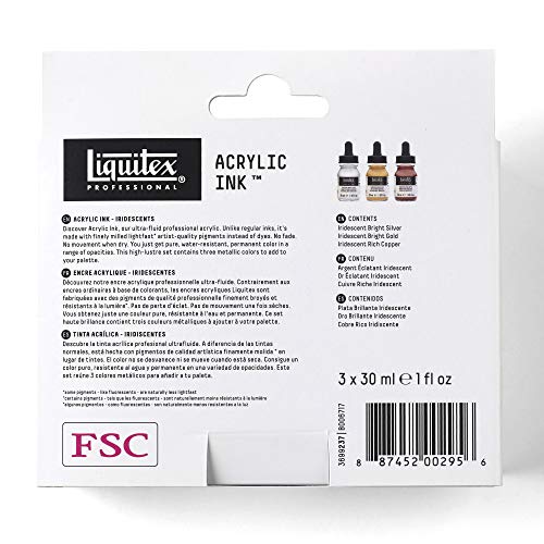 Liquitex Professional Acrylic Ink, 1-oz (30ml), Iridescent Set, Set of 3 | Ultra Fluid Acrylic, Highly Pigmented, Dye-Free, Non-Fading, Satin Finish, Permanent When Dry, Lightfast - color: Iridescent - Set of 3