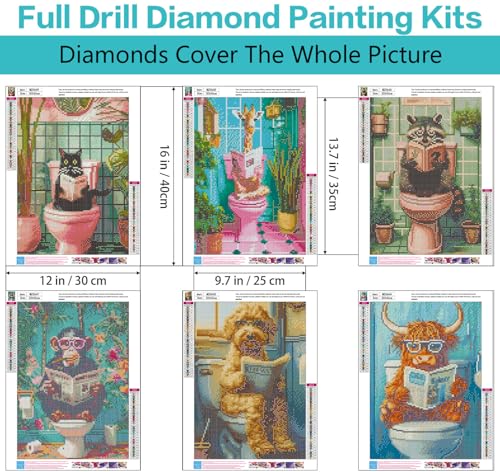 Axquilon 6 Pack Funny Animals Diamond Art Kits for Adults 12x16 inch | Diamond Painting Kits for Adults, 5D Round Full Drill Gem Art, Paint by Diamonds Pictures DIY Crafts Kits - color: 6 Pack Animals