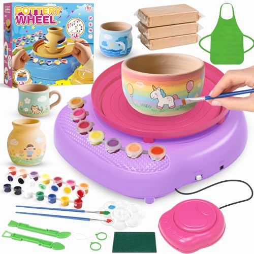 Pottery Wheel for Kids, Complete Kit with Air-Dry Clay, Ages 8-12 | Beginner pottery kit with air-dry clay, 12 paints, clay tools and apron - no kiln needed, screen-free craft gift ages 8-12 - color: Pink