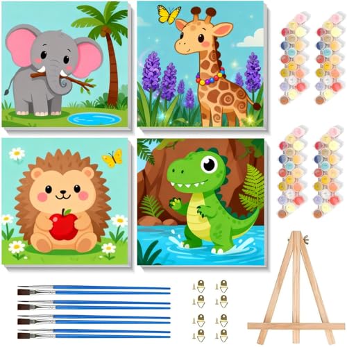 Arttoplus 4 Pack Paint by Numbers Kit for Kids with Frame Animals 8x8in | Animals Kids Paint by Numbers Ages 4-8-12 with Wooden Easel,Easy Cute DIY Acrylic Oil Painting by Number for Gift Home Decor - color: BKH2040+BKH2041+BKH2042+BKH2043