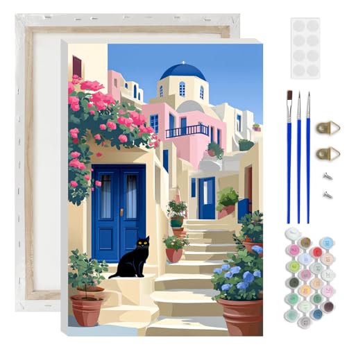 Lxmsja Greek Village Paint by Numbers Kit for Adults, Black Cat Acrylic Paint by Numbers for Adults Beginner, DIY Craft Supplies Oil Painting Kits for Home Wall Decor 8x12 inch (Framed) - color: blue#093