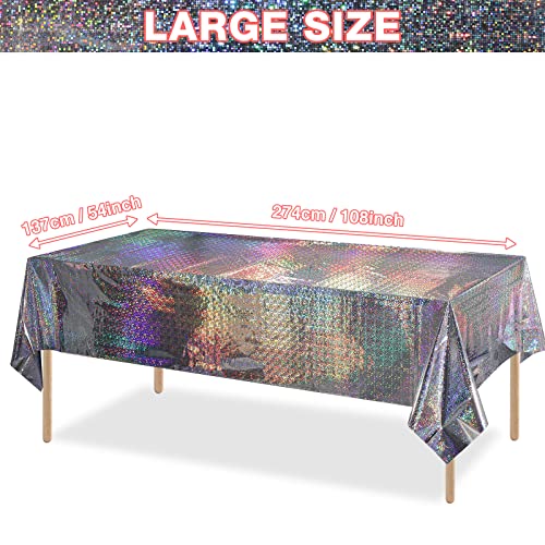4 Pack Iridescent Plastic Tablecloths Shiny Disposable Laser Rectangle Table Covers Holographic Foil Tablecloth Iridescent Party Decoration Birthday Bridal Wedding Christmas 54"x108"(Silver) - color: Silver