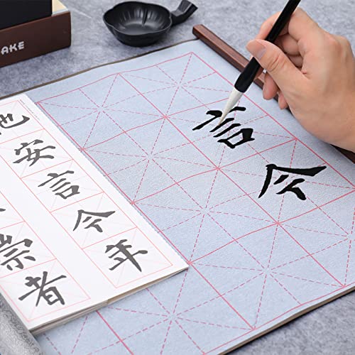 MEGREZ Reusable Water Writing Calligraphy Cloth Set No Ink Practice Kit | 32 grids, 4pcs set, brush pen & water dish, copy template, multi color options, mess-free, calligraphy practice - color: Silver
