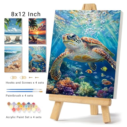 4 Pack Framed Paint By Numbers Kit for Adults Beginner Beach Adult Paint By Number Kits on Canvas Sea Turtle Painting By Numbers for Adults with Frame Diy Painting Kits for Home Wall Art 8x12 Inch - color: NZT0104, size: 8x12 Inch