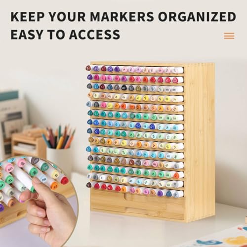 AUTOARK Natural Bamboo Marker Organizer with Drawer, AHK-065 | 182 Slots - size: 182 Markers